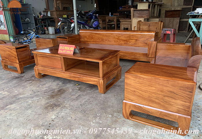 sofa chữ U gỗ gõ đỏ nguyên khối
