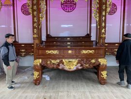 Sập thờ tứ linh gỗ gụ tam cấp thiếp điểm vàng Đài Loan. (Bàn giao tại Nam Định)