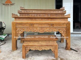 Bàn thờ tam cấp gỗ gụ truyện như ý nền đẹp. (bàn giao tại Đồng Nai)