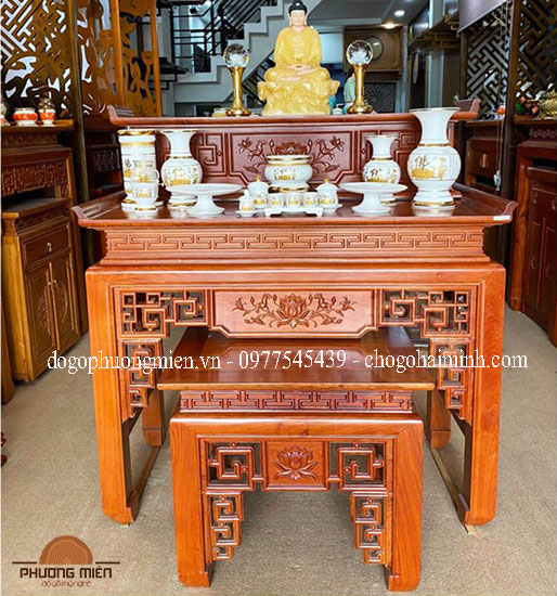 bàn thờ truyện sen gỗ gõ đỏ bàn giao bởi Phương Miên.