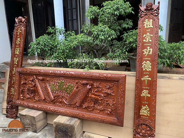 đại tự câu đối gỗ hương thếp vàng chữ Hán