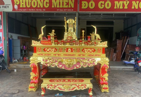 Sập thờ tứ linh nhị cấp gỗ mít sơn son thiếp vàng Đài Loan.