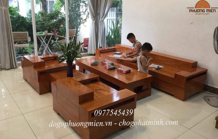 Kiểu mẫu sofa chữ H gỗ gõ đỏ nguyên khối.