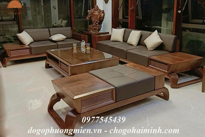 Bàn ghế phòng khách hiện đại- Sofa chữ U chân xoán gỗ hương đá.